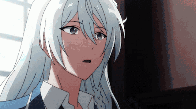 a close up of a girl with long white hair