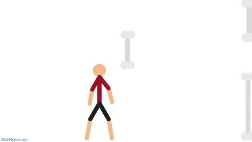 a stick figure with a red shirt and black shorts stands in front of a row of bones