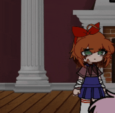 a cartoon girl with a red bow on her head is standing in front of a fireplace .