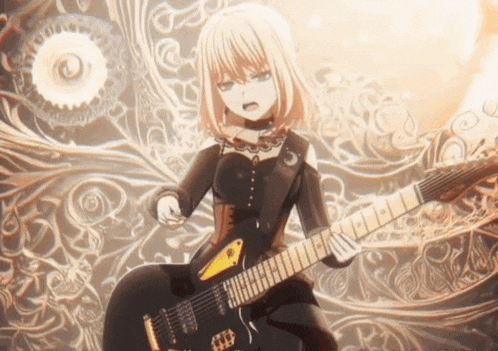 a girl in a black dress is playing a black guitar
