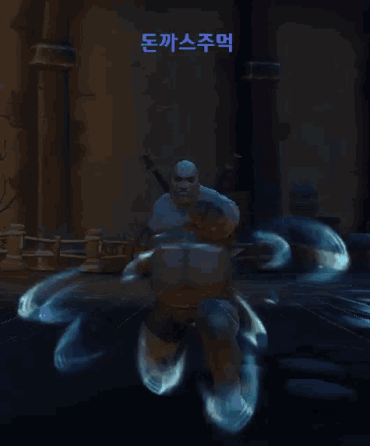a man in a video game with korean writing on the bottom