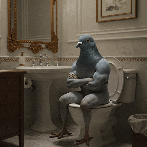 a pigeon is sitting on a toilet in a bathroom with his arms crossed