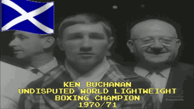 a black and white photo of three men with the name ken buchanan on it
