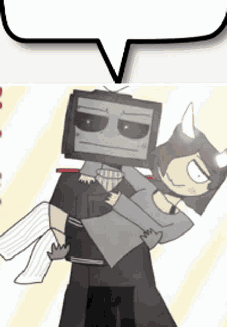 a cartoon of a man carrying a girl with a tv head