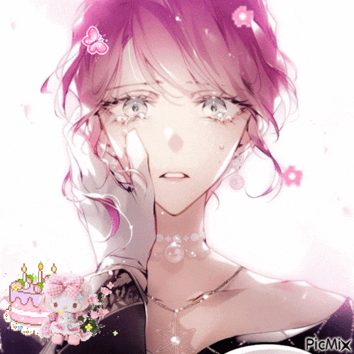 a picture of a girl with pink hair and a birthday cake with candles on it