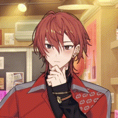 a man with red hair is wearing a red jacket