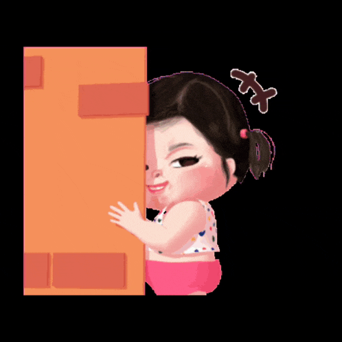 a cartoon of a girl peeking out from behind a wall with the words ' henehene ' written below her