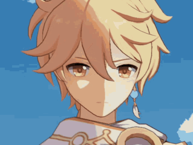 a close up of a character 's face with a blue sky in the background