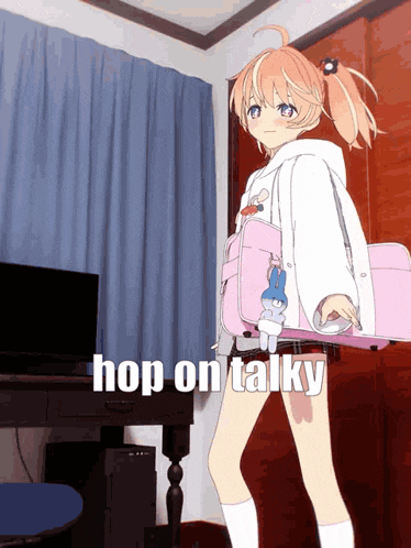 a picture of a girl with a pink bag that says hop on talky on it