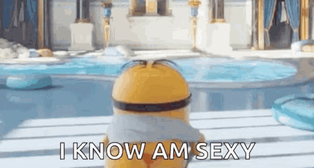 a minion from the movie despicable me is standing in front of a pool .