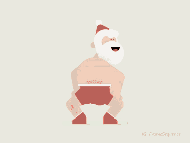 an illustration of a shirtless santa claus with a tattoo of a hammer on his arm