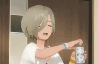 a girl in a white shirt is holding a can of musashi beer .