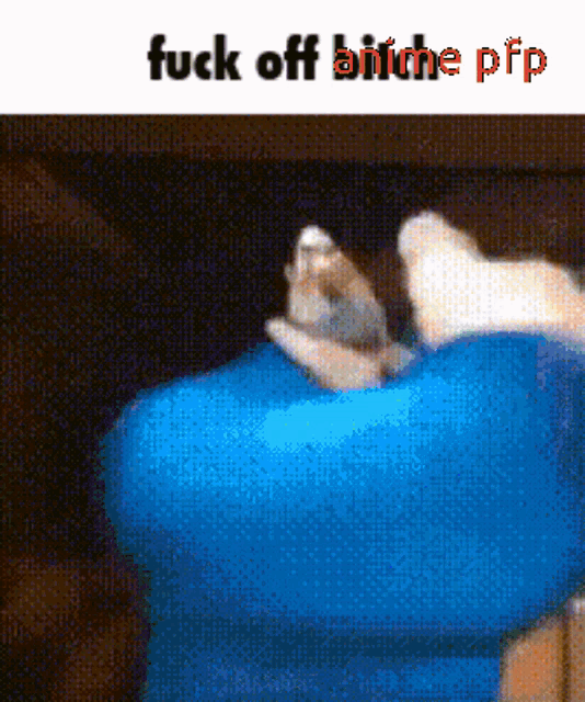 a pixelated image of a person laying on a blue pillow with the words " fuck off anime pp " above it