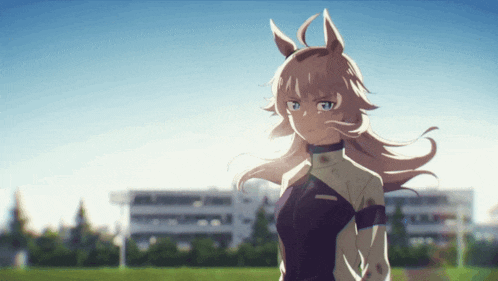 a girl with a horse 's head and ears is standing in front of a building