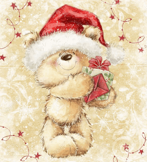 a teddy bear is wearing a santa hat and holding a gift