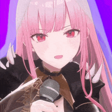 a girl with pink hair and red eyes holds a microphone in her hand