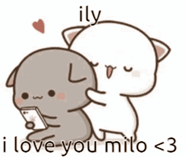 a cartoon of two cats hugging each other with the words i love you milo < 3 below them .