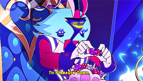 a colorful cartoon character says to pleasure town in yellow letters