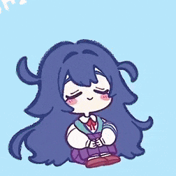 a cartoon girl with long blue hair is sitting on the ground