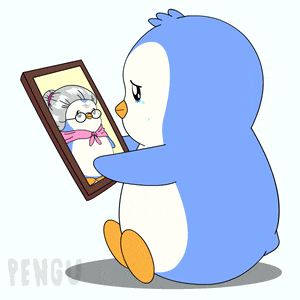 a penguin is looking at a picture of an old lady