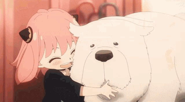 a little girl with pink hair is hugging a large white teddy bear .