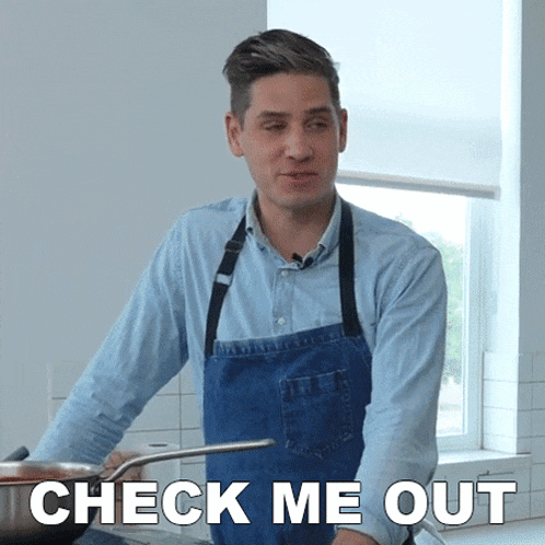 a man in an apron is holding a pot and the words check me out are below him