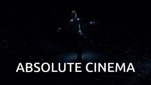 a poster for absolute cinema with a silhouette of a person in the background
