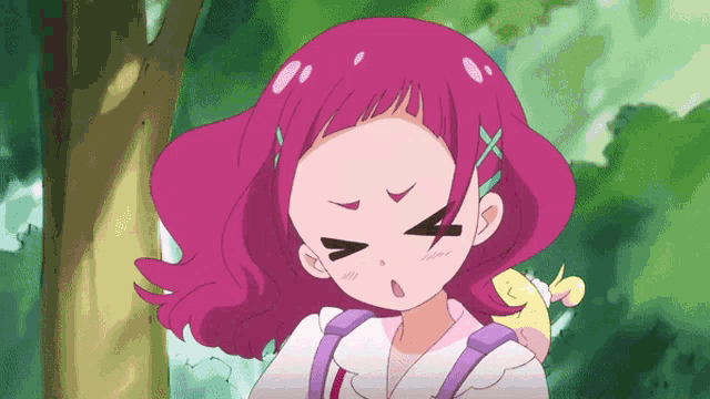 a girl with pink hair has a purple backpack