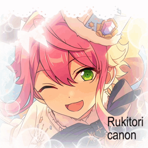 a drawing of a girl with pink hair and green eyes with the name rukitori canon below it