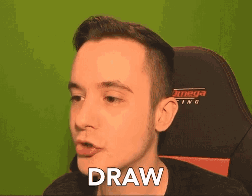 a man sitting in an omega gaming chair with the word draw on his face
