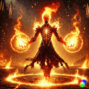 a painting of a demon surrounded by flames
