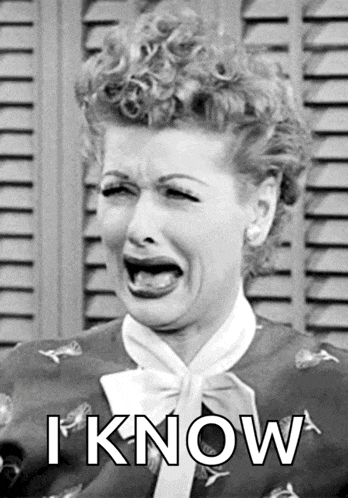 a black and white photo of a woman making a funny face with the words i know below her