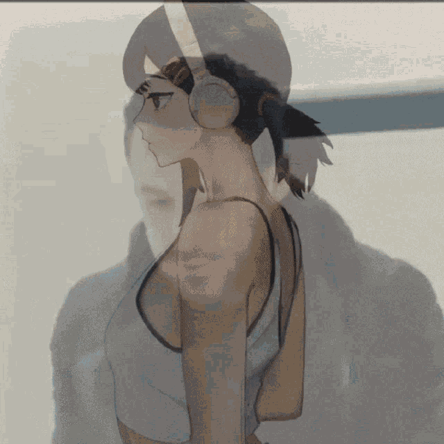 a drawing of a woman wearing headphones with a reflection of a man in the background