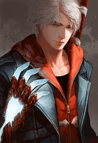a man with white hair and a red jacket holds a sword