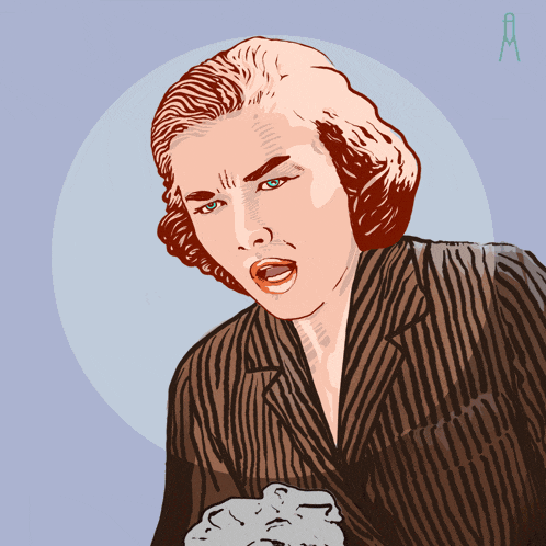 a drawing of a woman in a striped jacket with an a on the bottom right