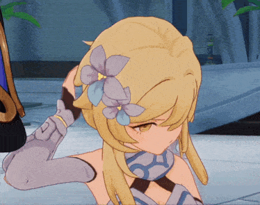 a girl with a flower in her hair looks down