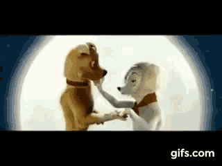two cartoon dogs are standing next to each other and touching each other 's faces in front of a full moon .