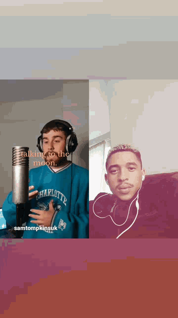 a man in a charlotte sweatshirt sings into a microphone while another man looks on