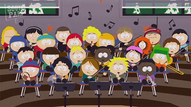 a group of south park characters are playing music