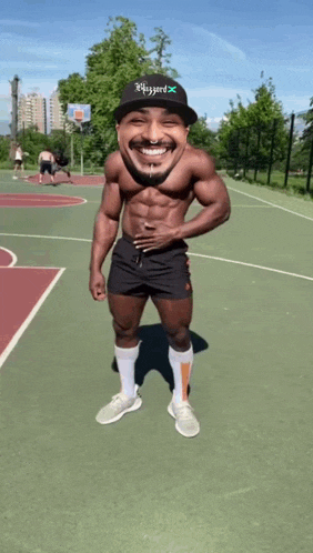 a shirtless man wearing a hat that says blizzard on it