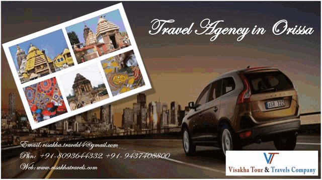 an advertisement for a travel agency in orissa with a car on the road