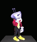 a pixel art of a cartoon character holding a microphone and a remote control .