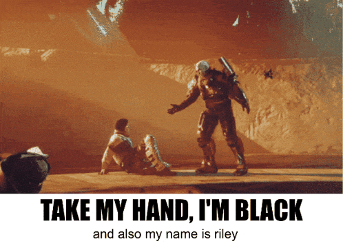 a poster that says take my hand and also my name is riley