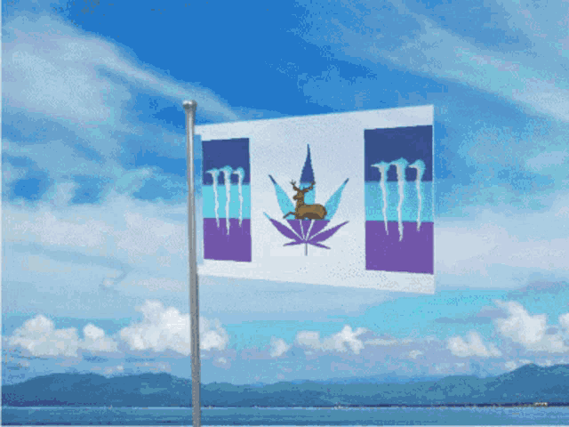 a flag with a marijuana leaf and monster energy drinks on it