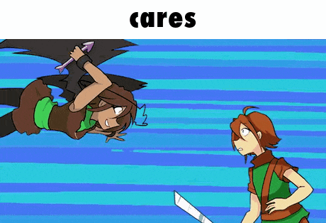 a cartoon of a boy holding a sword and a girl holding a sword with the word cares above them