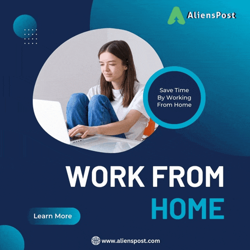 an advertisement for work from home shows a woman sitting on the floor using a laptop