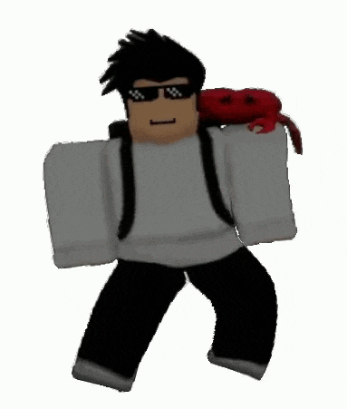 a roblox character wearing sunglasses and carrying a crab on his back .