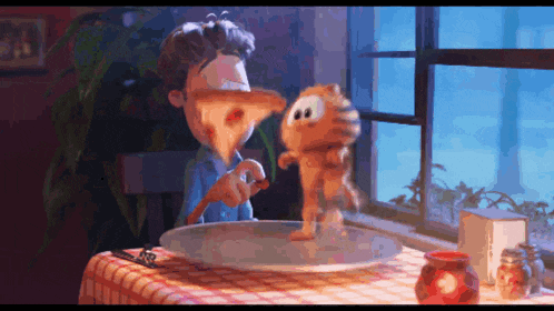 a boy is eating a slice of pizza with a stuffed animal