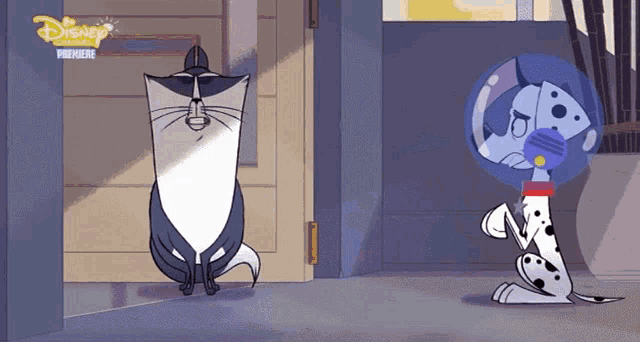 a cartoon of a cat and a dalmatian with disney premiere on the bottom right