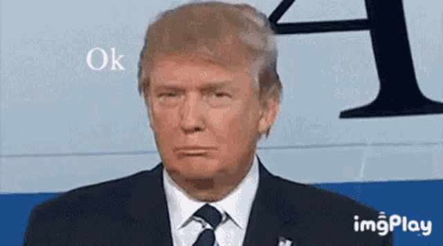 donald trump is wearing a suit and tie and making a funny face